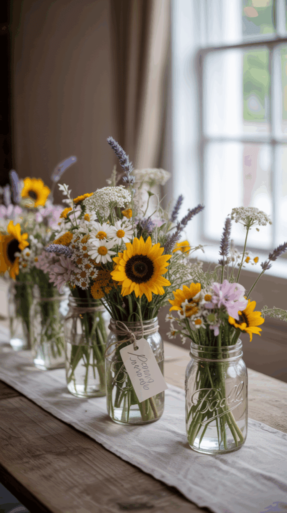 Several mason jars filled with arrangements of sunflowers, daisies, and wildflowers are lined up on a wooden table by a window.