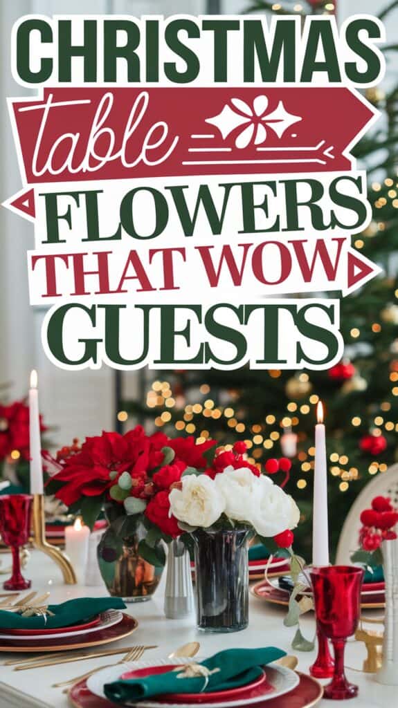 A festive Christmas table setting featuring elegant floral arrangements with red and white flowers, green napkins, red glasses, and gold cutlery, accompanied by a lit Christmas tree in the background. The image has text that reads 'Christmas Table Flowers That Wow Guests.'