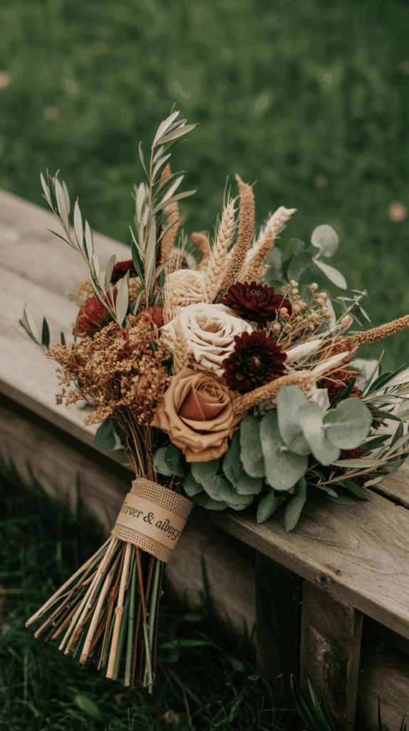 A rustic bouquet featuring roses, chrysanthemums, wheat stalks, eucalyptus, and other greenery, with a burlap ribbon wrapped around the stems inscribed with 'Forever & always'. It rests on a wooden surface against a grassy background.