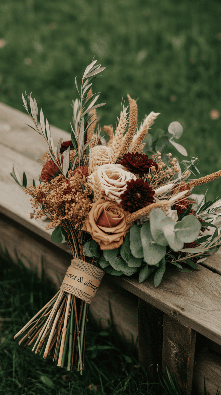 A rustic bouquet featuring roses, chrysanthemums, wheat stalks, eucalyptus, and other greenery, with a burlap ribbon wrapped around the stems inscribed with 'Forever & always'. It rests on a wooden surface against a grassy background.