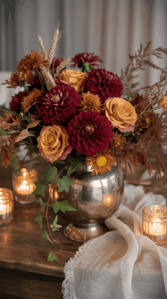 A floral arrangement featuring burgundy dahlias, orange roses, and autumnal foliage in a silver vase, surrounded by lit candles on a wooden table with a draped cloth.
