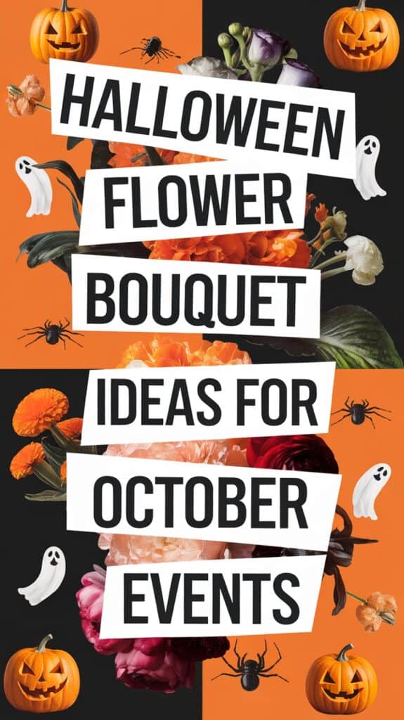 A Halloween-themed promotional poster featuring the text "Halloween Flower Bouquet Ideas for October Events" against a background of orange and black. The image includes decorative elements such as jack-o'-lanterns, spiders, ghosts, and vibrant flowers, enhancing the spooky festive theme.