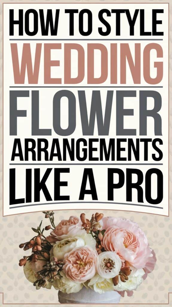 Text reads "How to Style Wedding Flower Arrangements Like a Pro" above an image of a bouquet with pink and white flowers in a decorative vase.