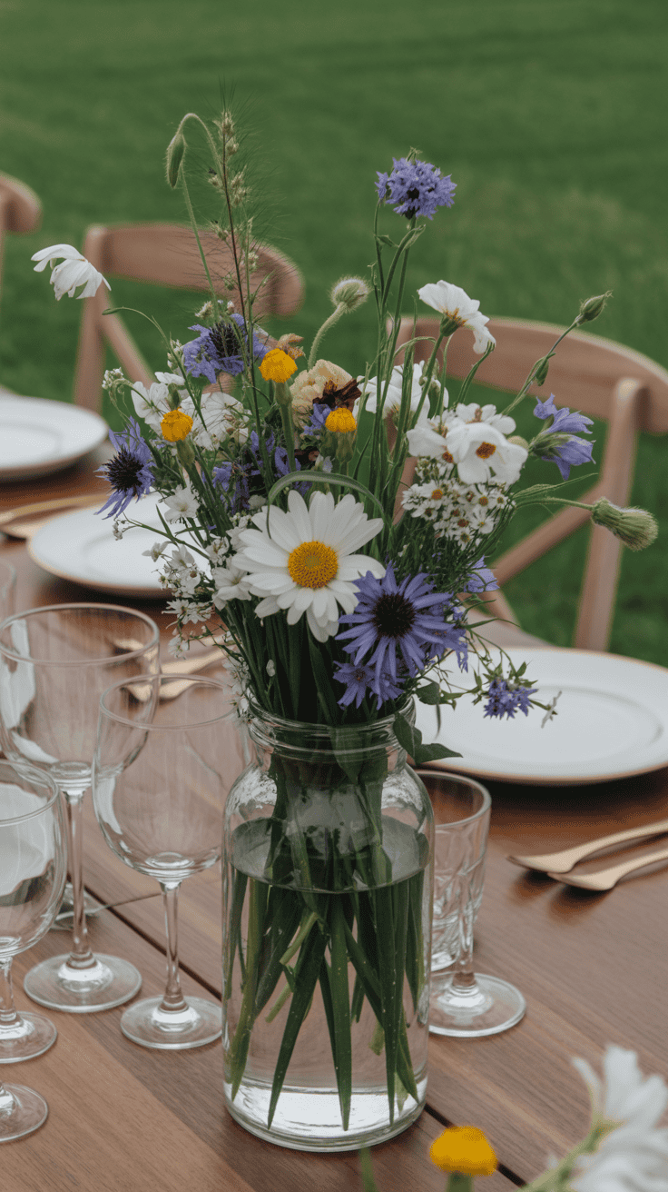 A bouquet of wildflowers in a glass jar on a wooden table, surrounded by wine glasses and set places, with a grassy field in the background.