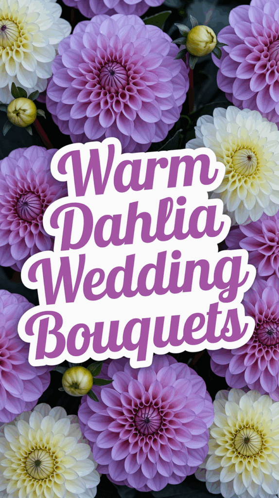 Purple and white dahlia flowers with the text "Warm Dahlia Wedding Bouquets" in bold purple lettering across the image.