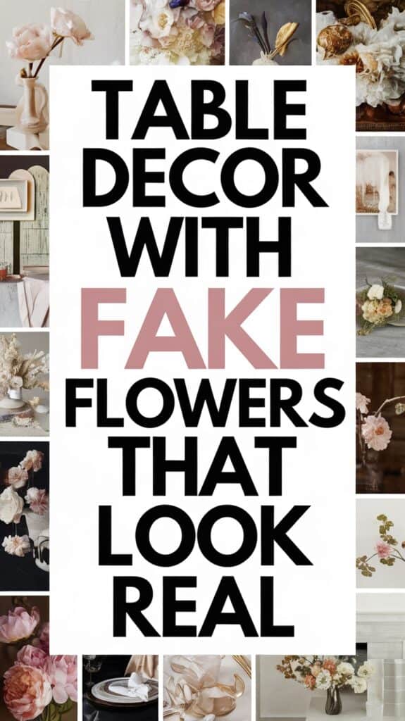 Collage featuring text 'Table Decor with Fake Flowers That Look Real' surrounded by images of realistic-looking artificial flowers in various arrangements.
