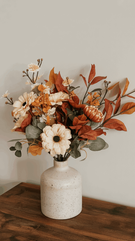 A vase with an arrangement of autumn-themed artificial flowers and leaves, featuring warm tones of orange, cream, and green, placed on a wooden surface against a light gray wall.