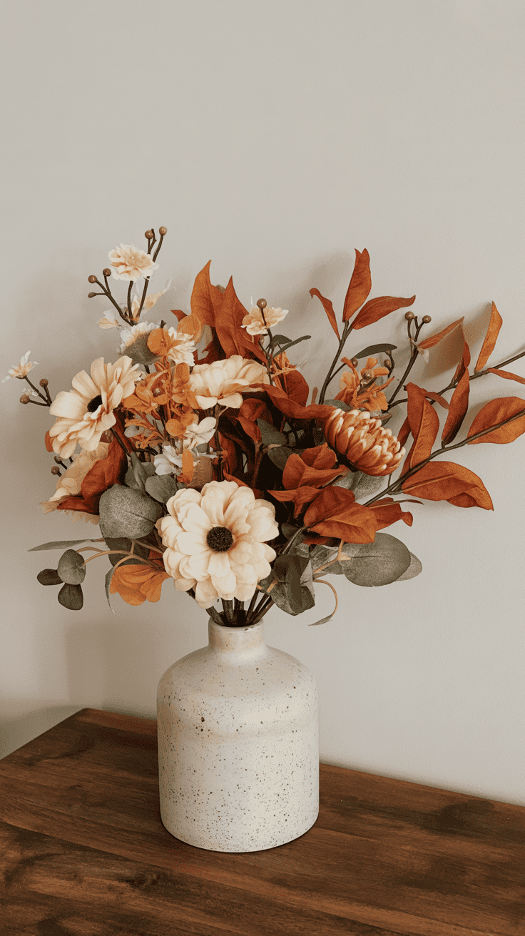 A vase with an arrangement of autumn-themed artificial flowers and leaves, featuring warm tones of orange, cream, and green, placed on a wooden surface against a light gray wall.