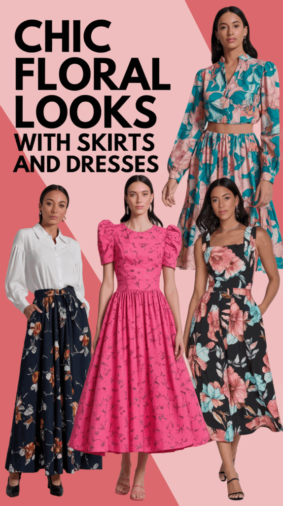 Four women wearing floral-themed clothing with the text 'Chic Floral Looks with Skirts and Dresses' in the background. Each outfit features a distinct floral design: a white blouse with a dark floral skirt, a bright pink dress, a multicolored floral dress, and a turquoise floral outfit.