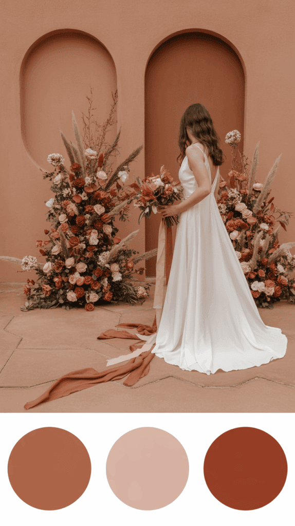 A woman in a flowing white wedding dress holds a bouquet, standing in front of a terra-cotta backdrop with two arched recesses. The backdrop is adorned with arrangements of dried flowers and foliage in desert hues. Below is a color palette featuring shades of terra-cotta and beige.