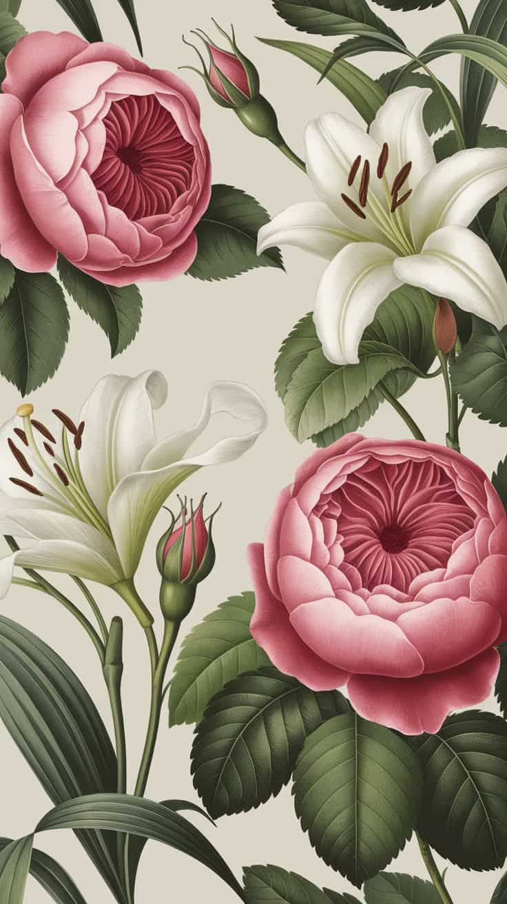 Illustration of pink roses and white lilies with green leaves, arranged in a seamless floral pattern on a light background.