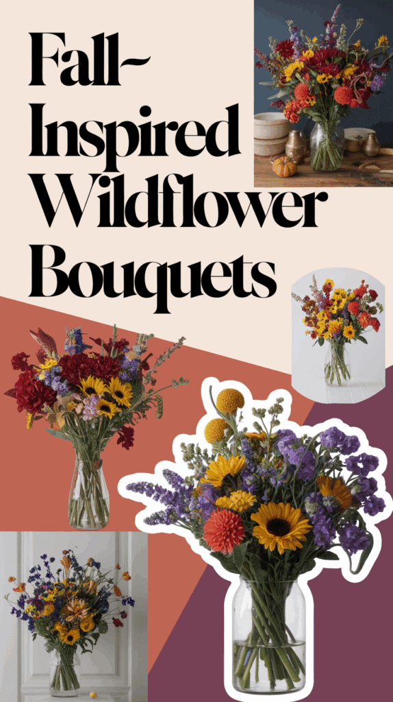 A collage titled 'Fall-Inspired Wildflower Bouquets' featuring arrangements of colorful flowers in vases, including sunflowers, marigolds, and other wildflowers, with autumnal tones and settings.