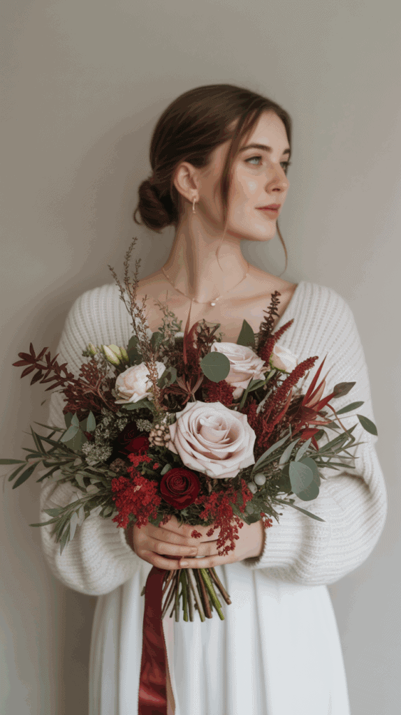 A woman with brown hair in an elegant updo holds a vibrant bouquet of flowers, including pink and red roses, against a neutral background.