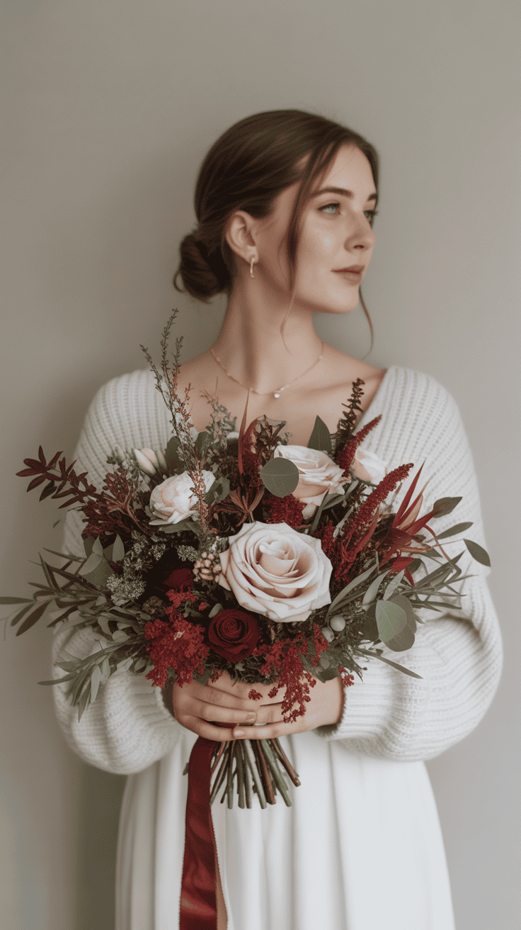 A woman with brown hair in an elegant updo holds a vibrant bouquet of flowers, including pink and red roses, against a neutral background.