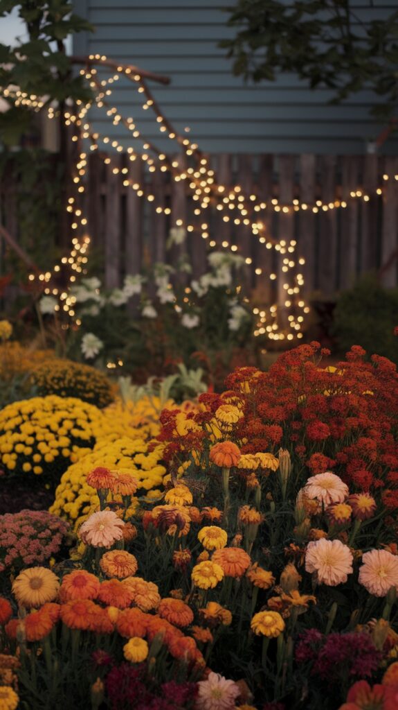 A vibrant garden filled with yellow, orange, and pink flowers under a twilight sky, with soft string lights illuminating the backdrop against a wooden fence.