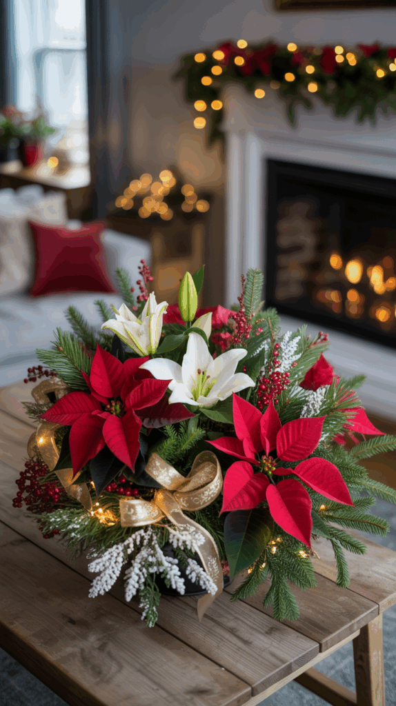 A festive holiday flower arrangement featuring red poinsettias, white lilies, and pine branches, adorned with a gold ribbon and illuminated by small string lights, displayed on a wooden table in a cozy room with a lit fireplace in the background.