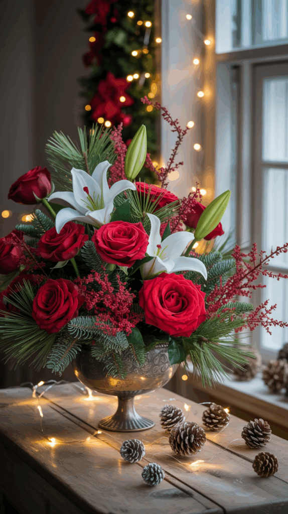 A festive floral arrangement featuring red roses and white lilies surrounded by greenery and red berries, set in an ornate metal vase with a backdrop of glowing string lights and pinecones on a wooden table.