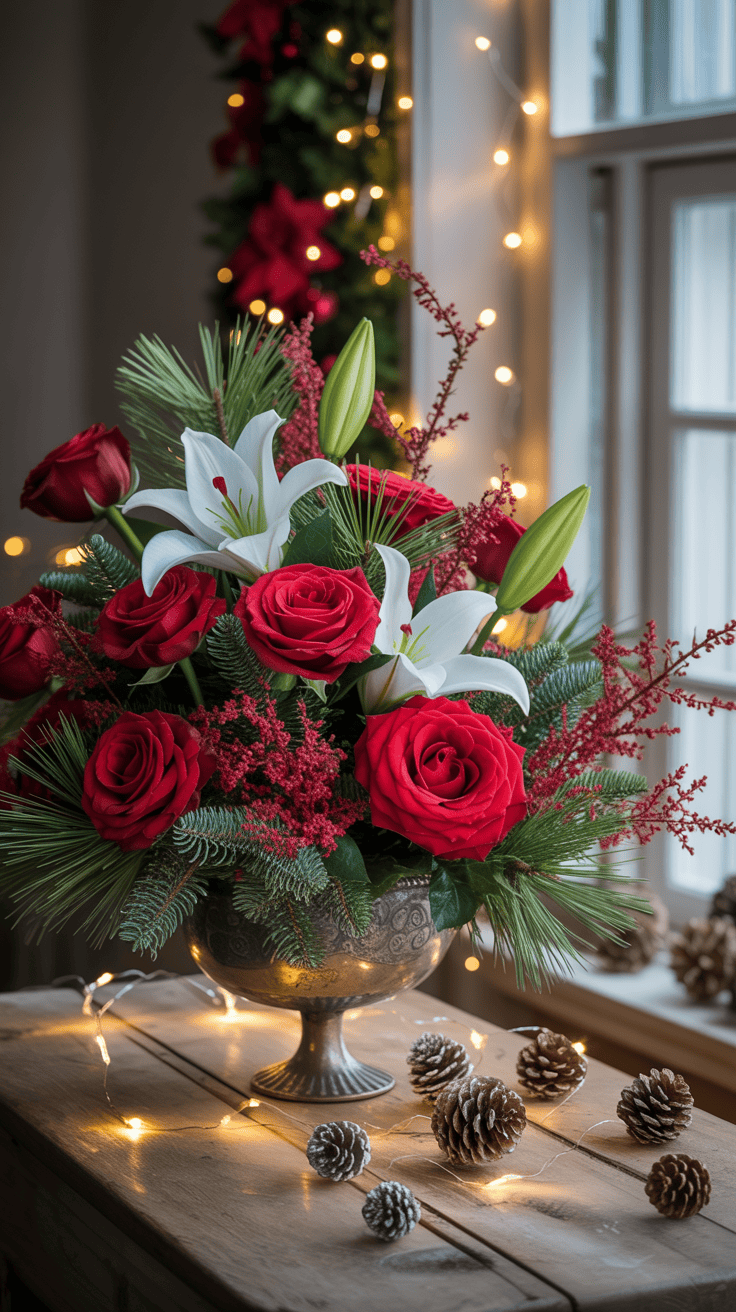 A festive floral arrangement featuring red roses and white lilies surrounded by greenery and red berries, set in an ornate metal vase with a backdrop of glowing string lights and pinecones on a wooden table.