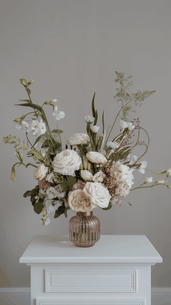A bouquet of white and pale pink roses with green foliage arranged in a ribbed pink glass vase, placed on a white table against a plain background.