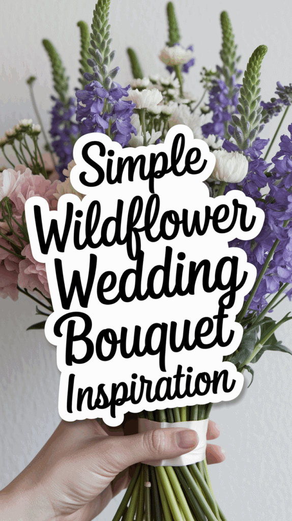 A person holding a bouquet of wildflowers with a variety of blooms, including purple and white flowers, against a light background. Text over the image reads 'Simple Wildflower Wedding Bouquet Inspiration.'