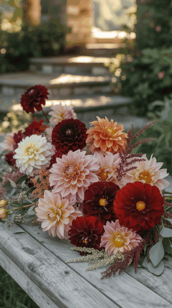 A vibrant arrangement of various colored dahlias, including red, pink, orange, and white, placed on a rustic wooden surface with stone steps and green foliage in the background.