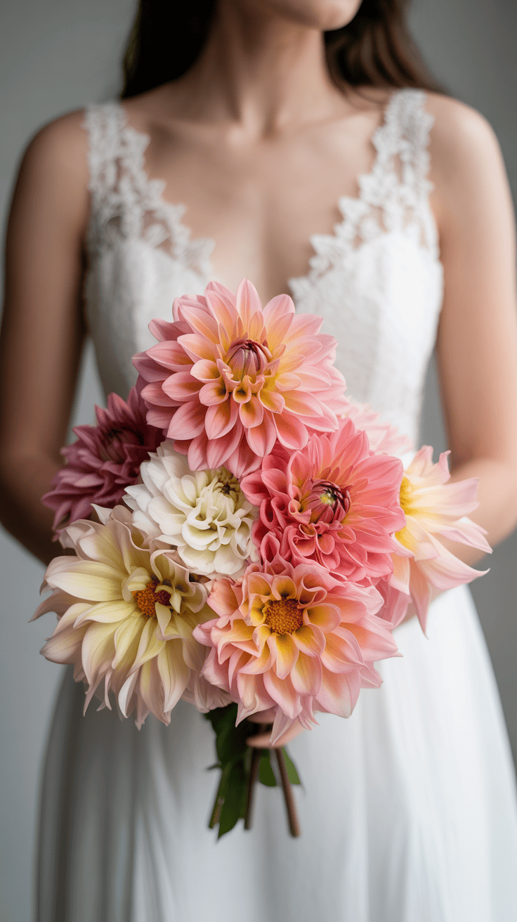 A woman in a white wedding dress with lace detail holds a bouquet of large, multicolored dahlias, featuring shades of pink, peach, and cream.
