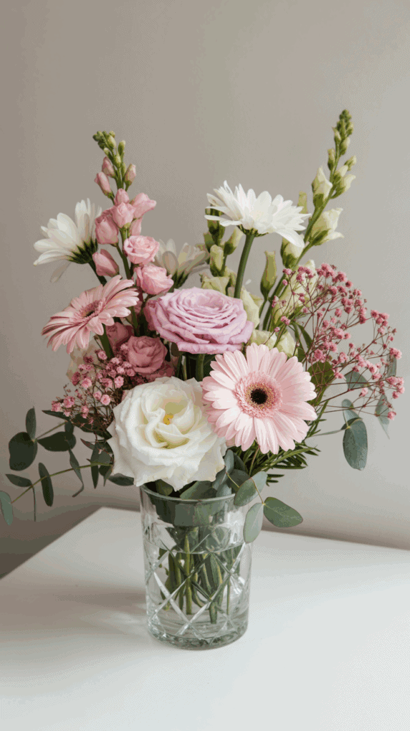 A bouquet of flowers in a glass vase featuring pink gerberas, white daisies, roses, and eucalyptus leaves, arranged on a white surface against a neutral background.