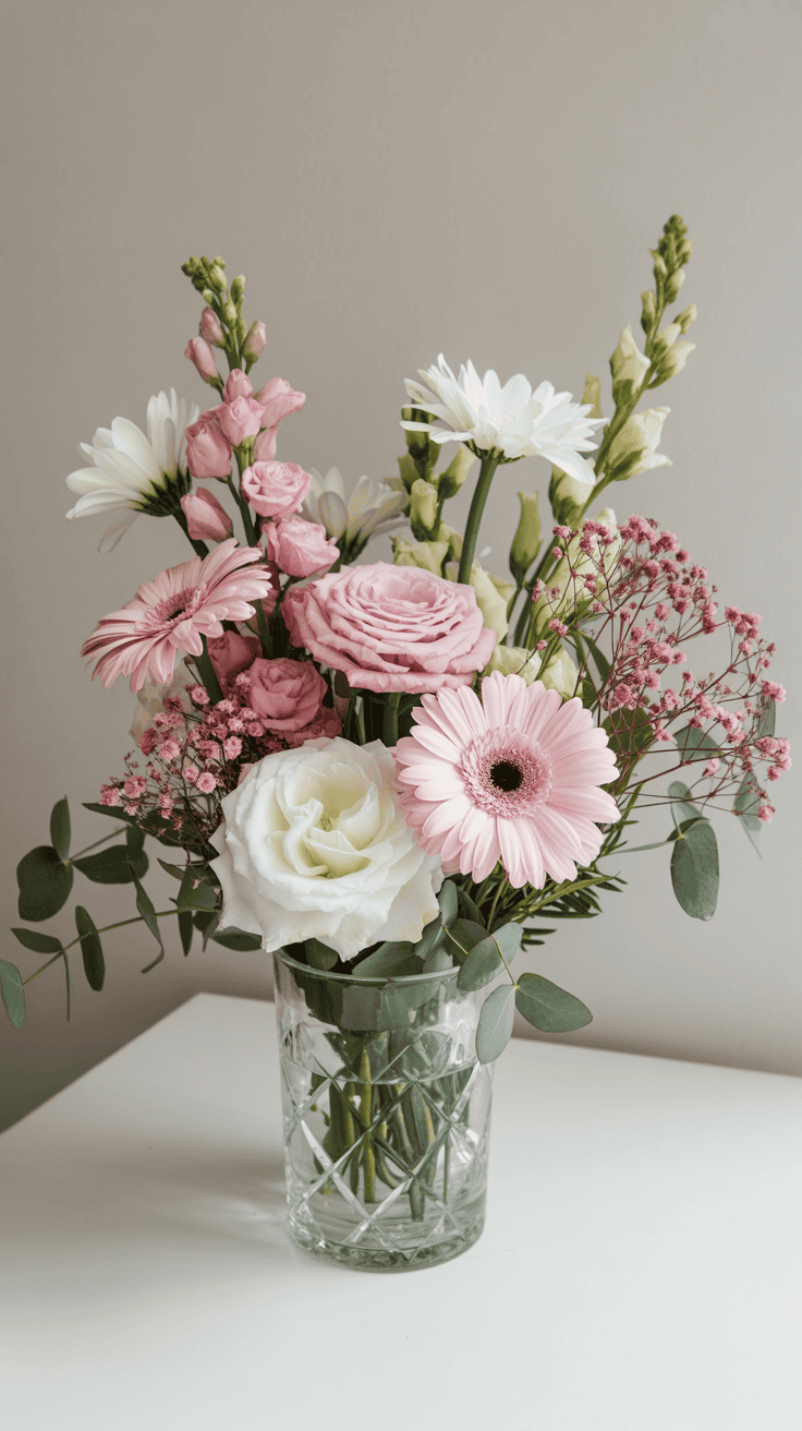 A bouquet of flowers in a glass vase featuring pink gerberas, white daisies, roses, and eucalyptus leaves, arranged on a white surface against a neutral background.