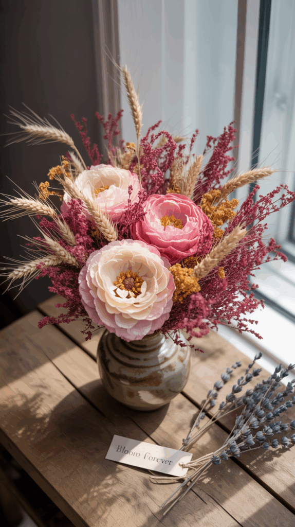 A vase of pink and cream flowers mixed with wheat stalks and other dried florals, placed on a wooden table beside a tag reading 'Bloom forever.'
