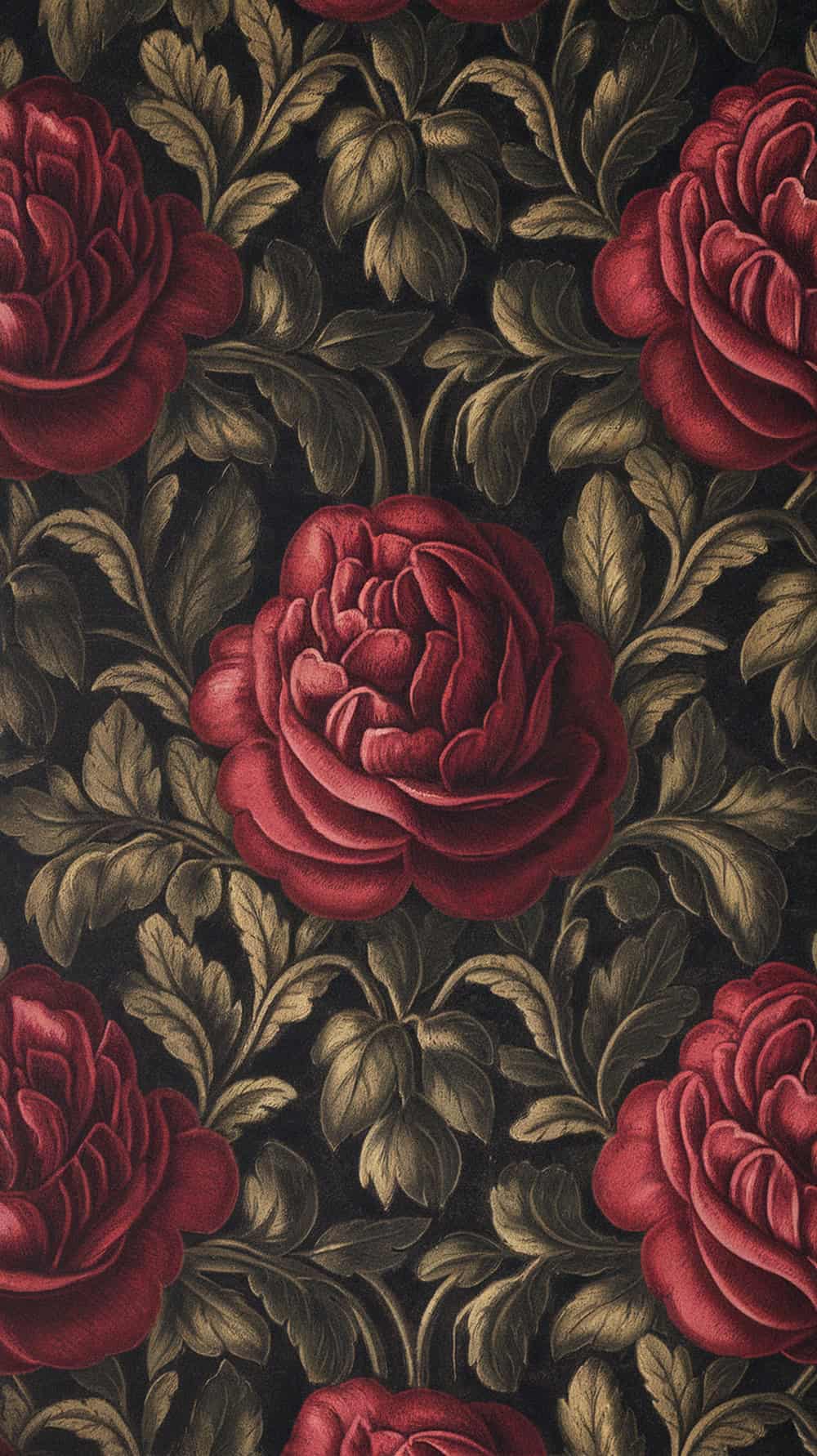 Vintage floral wallpaper with large red roses and detailed green leaves on a dark background.