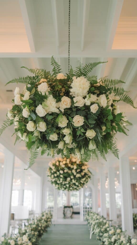 A large floral chandelier made of white roses and greenery hangs from the ceiling in a bright, elegantly decorated room with white walls and columns.