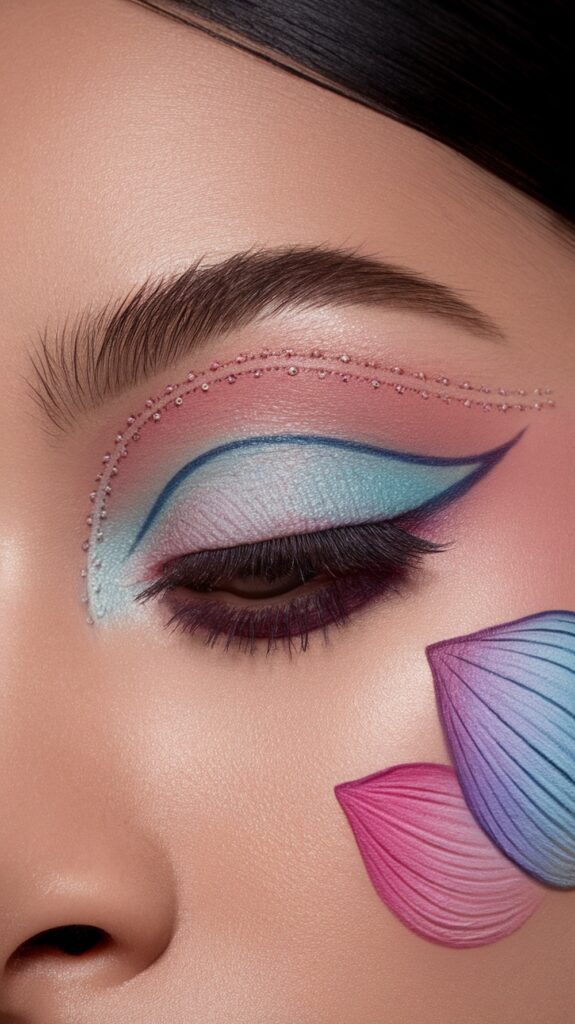 Close-up of an eye with elaborate makeup featuring pastel pink and blue eyeshadow, black eyeliner, and small decorative rhinestones above the lid; a gradient of colorful petal designs is painted on the cheek.