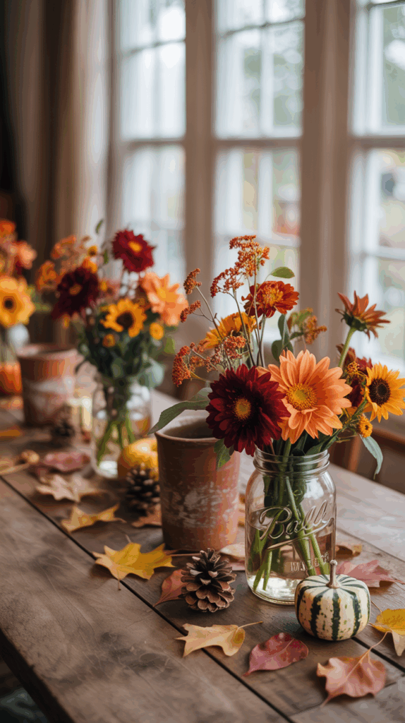 A wooden table adorned with autumn-themed decor, including glass jars holding vibrant orange and red flowers, small pinecones, assorted colorful leaves, and a striped decorative gourd, set against a backdrop of large windows.