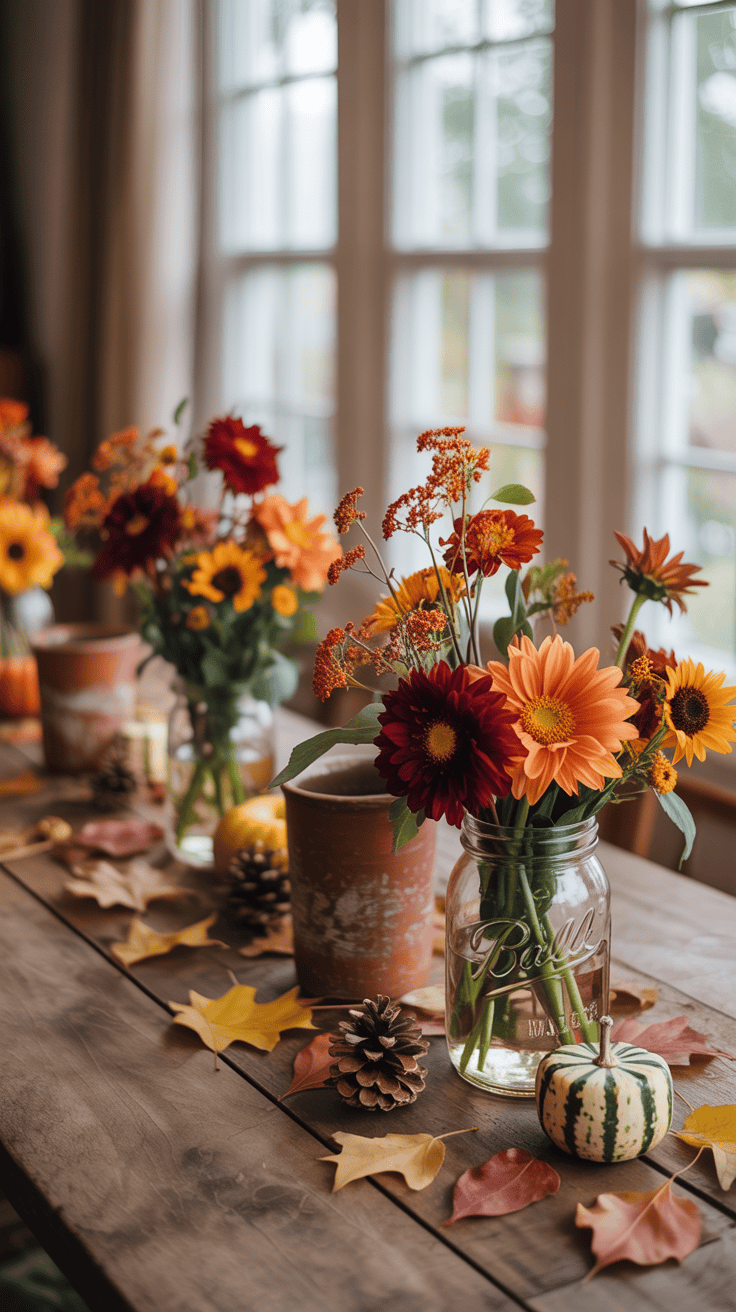 A wooden table adorned with autumn-themed decor, including glass jars holding vibrant orange and red flowers, small pinecones, assorted colorful leaves, and a striped decorative gourd, set against a backdrop of large windows.