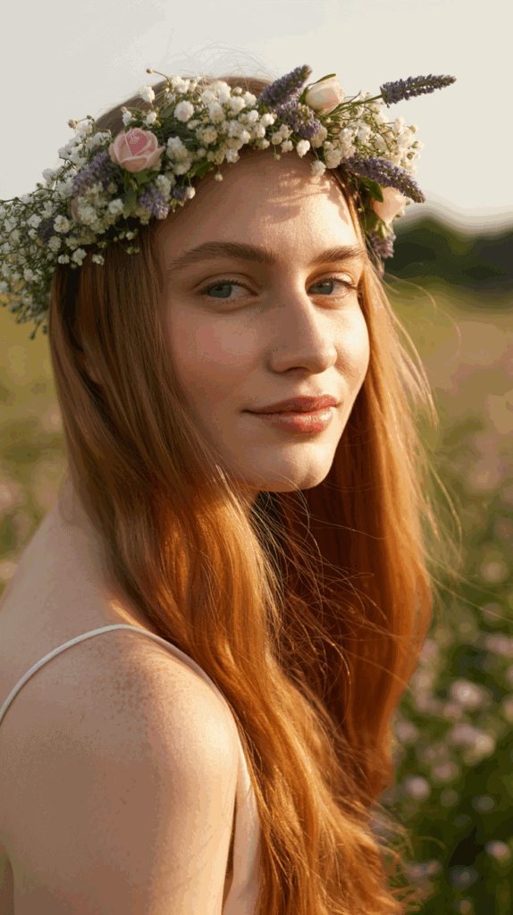 A woman with long red hair wearing a floral crown of white and purple flowers, standing in a sunlit field.
