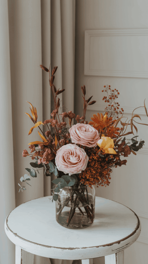 A rustic floral arrangement in a glass vase, featuring pink roses, a yellow flower, orange blooms, and greenery, placed on a round white wooden table with a neutral curtain in the background.