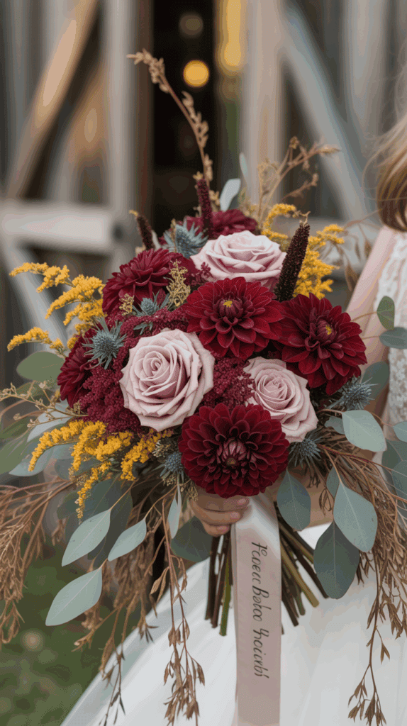 A wedding bouquet featuring pink roses and deep red dahlias, accented with yellow sprigs and eucalyptus leaves, and held by a person in white attire. A pink ribbon with text is attached to the bouquet.