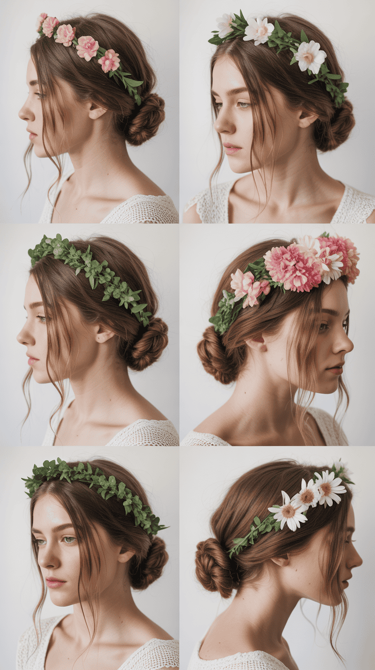 A collage showing a person from the side wearing hair wreaths made of various flowers and leaves, styled in a low bun. Each image features a different design: pink flowers, white flowers, green leaves, daisies, and more elaborate floral arrangements.
