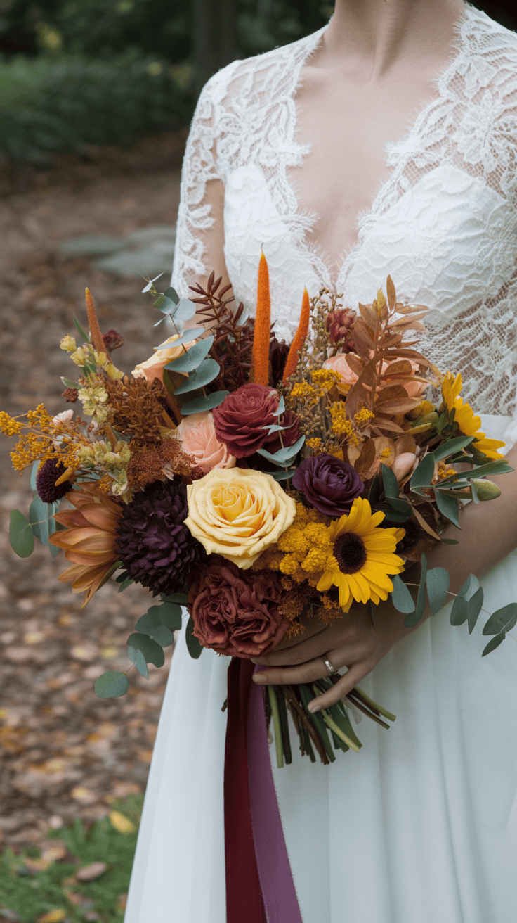 A bride holding a bouquet of autumnal flowers including yellow sunflowers, red roses, and orange foliage, wearing a lace wedding dress with a deep V neckline.