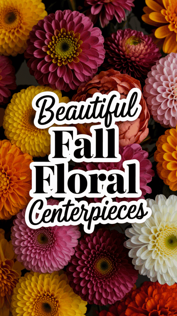 A collection of vibrant fall flowers, including dahlias and chrysanthemums in orange, pink, yellow, and white, with the words "Beautiful Fall Floral Centerpieces" overlaid in bold, decorative font.
