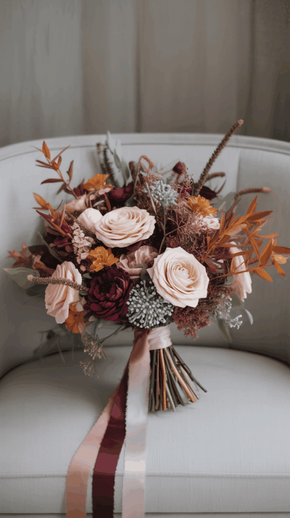 A beautifully arranged bouquet featuring blush pink roses, dark red flowers, and a variety of autumnal foliage, tied together with long ribbons in shades of pink and burgundy, resting on a white cushioned chair.
