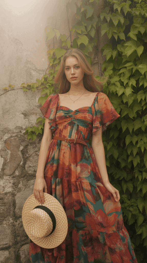 A person wearing a colorful floral dress stands in front of an ivy-covered wall, holding a straw hat by their side.