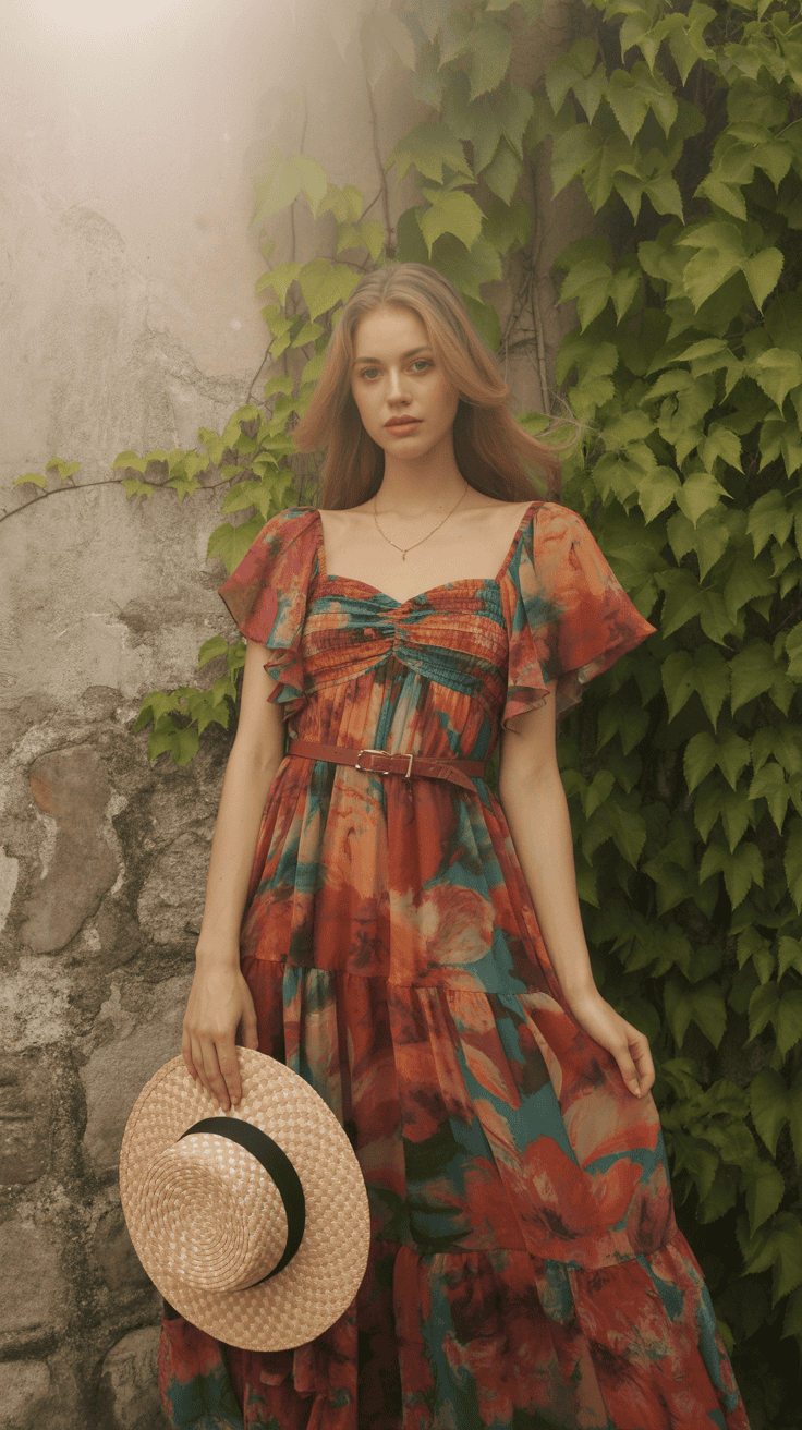A person wearing a colorful floral dress stands in front of an ivy-covered wall, holding a straw hat by their side.