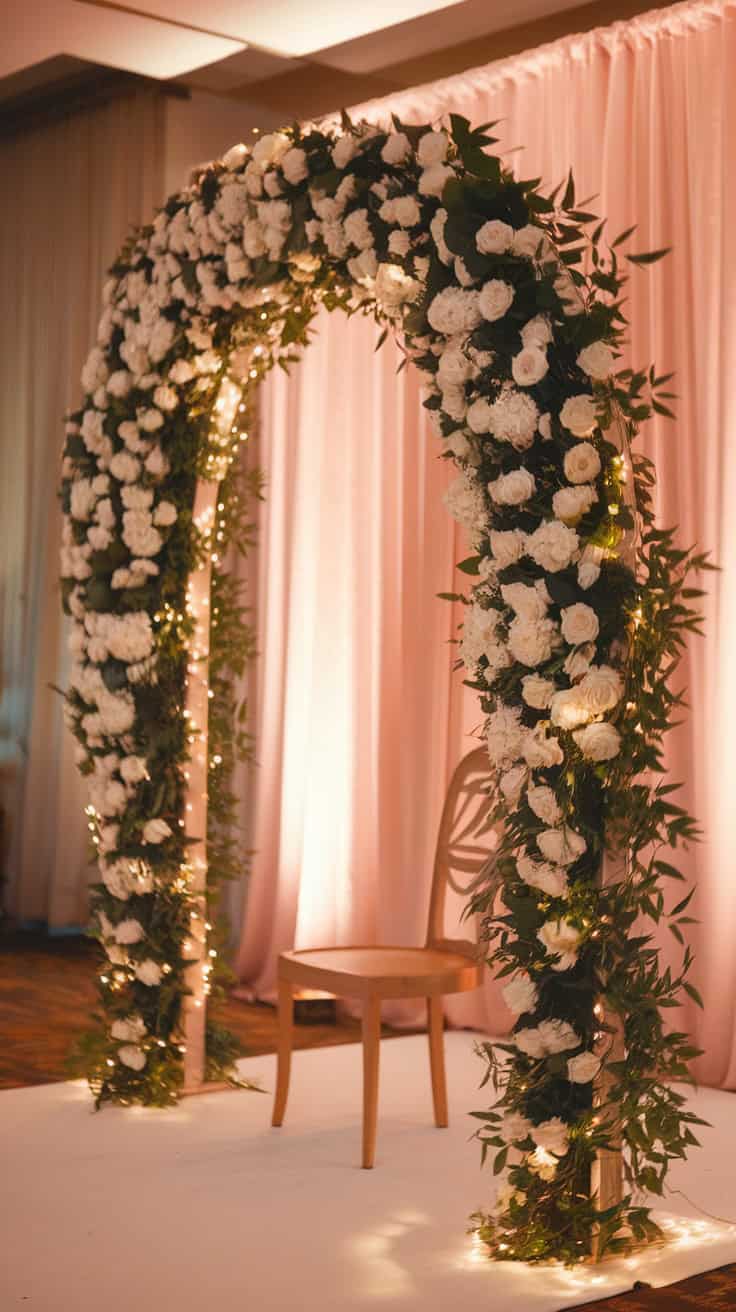 A decorative floral arch adorned with white flowers and greenery, illuminated with small lights, stands on a white carpeted area, with a wooden chair placed underneath in front of pink draped curtains.