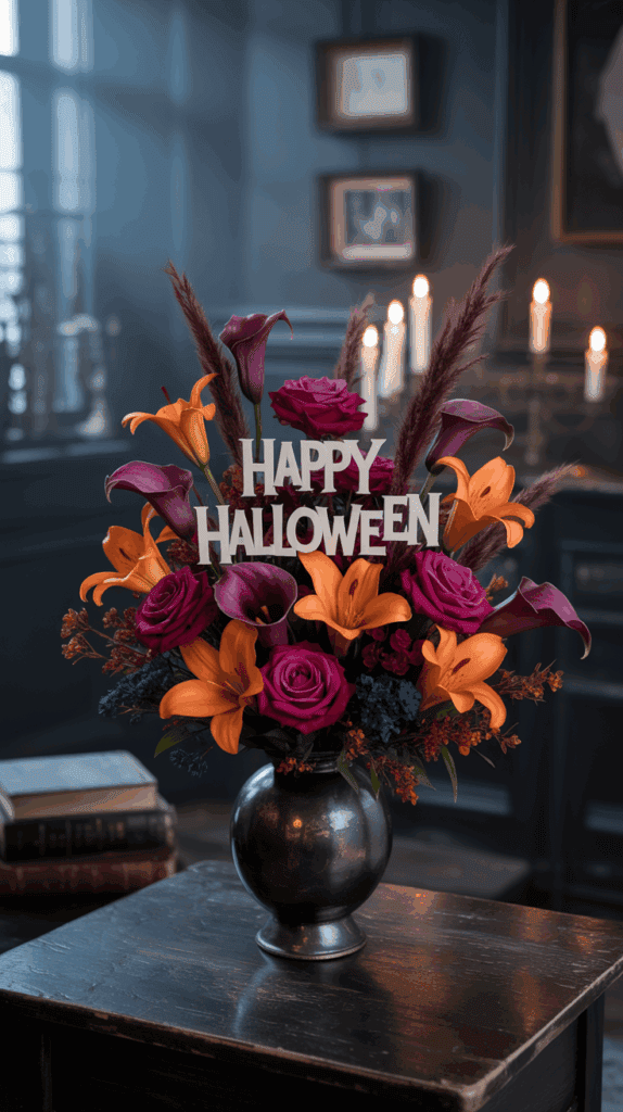 A Halloween-themed floral arrangement in a dark metallic vase featuring orange lilies, purple calla lilies, and dark pink roses, with a "Happy Halloween" sign amidst the flowers. The background reveals a dimly lit room with candles and framed pictures on the wall.