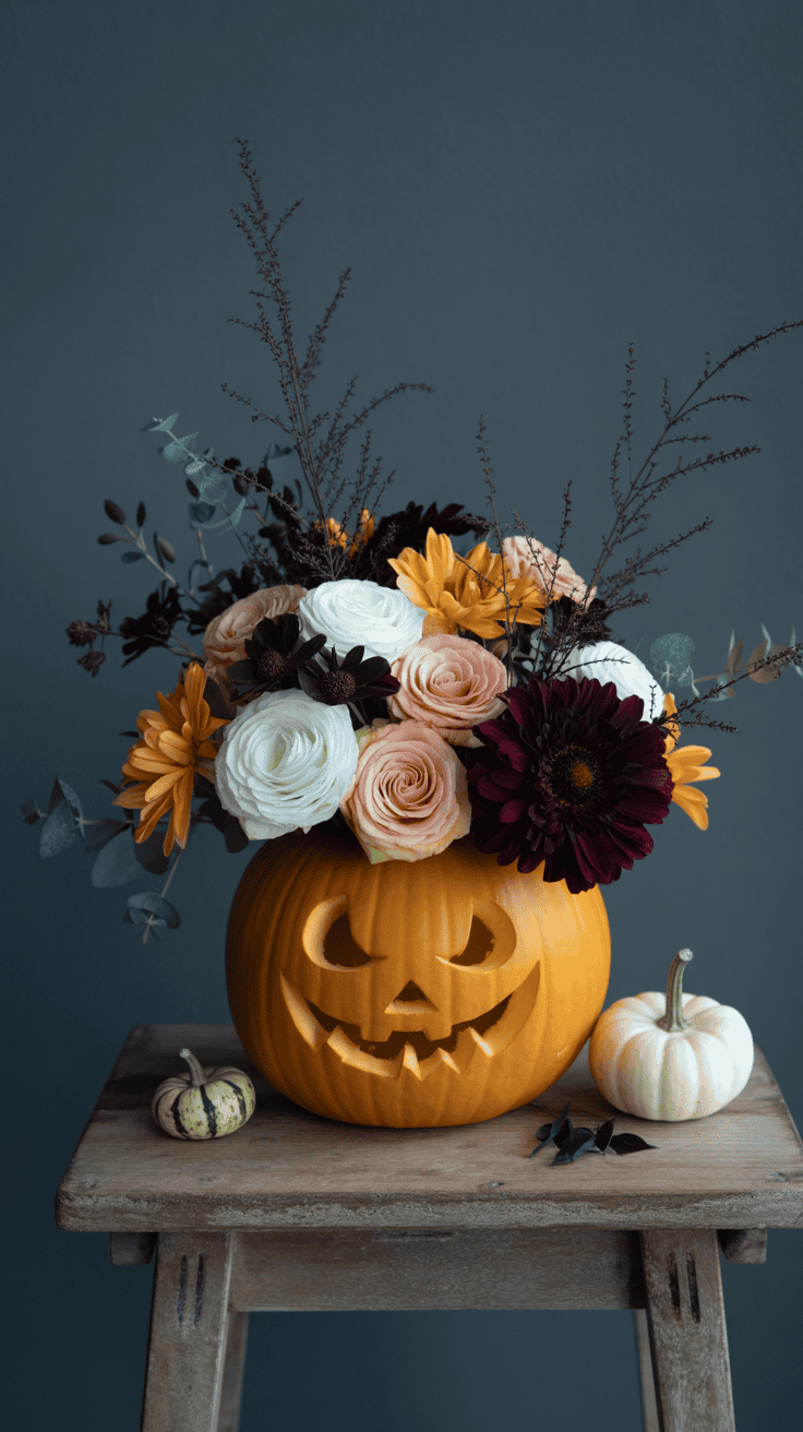 A carved pumpkin with a grinning face serves as a vase for a colorful bouquet of flowers, including white, orange, and dark red blooms, on a wooden stool beside two smaller pumpkins.