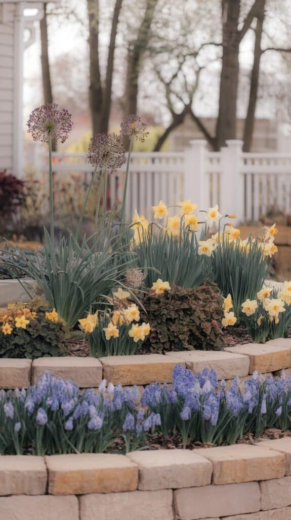 A garden featuring yellow daffodils, purple alliums, and blue grape hyacinths in tiered stone planters, with a white fence and trees in the background.