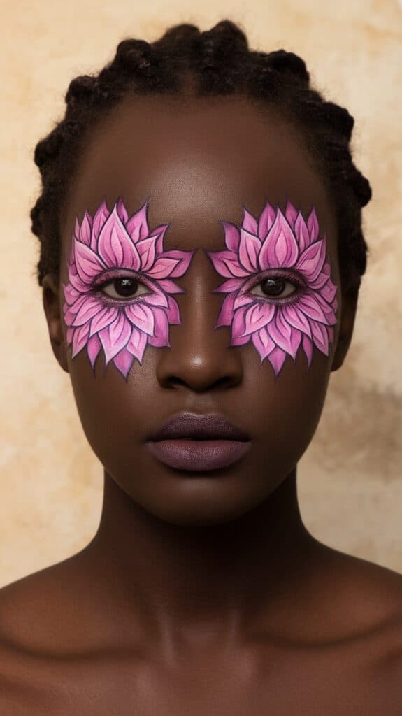 A person with detailed pink and purple floral face paint around the eyes, against a neutral background, with intricate petal designs extending towards the temples.