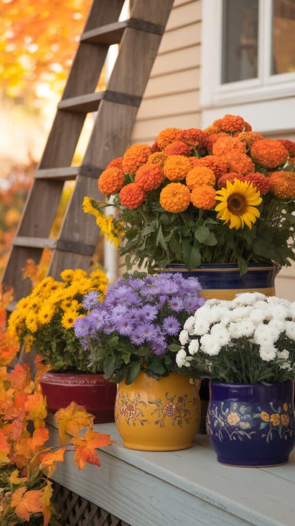 Colorful potted flowers including marigolds, asters, and sunflowers arranged on a wooden deck with a ladder and autumn leaves in the background.