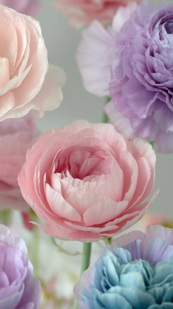 A cluster of pastel-colored ranunculus flowers in shades of pink, purple, and blue with delicate, layered petals.